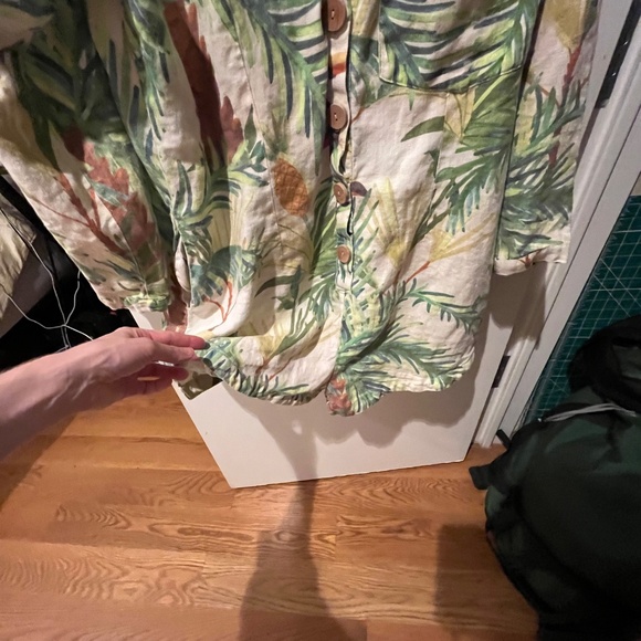 FARM RIO 100% LINEN JUMPSUIT Romper shorts long sleeve LEAVES TROPICAL M READ - Picture 11 of 12